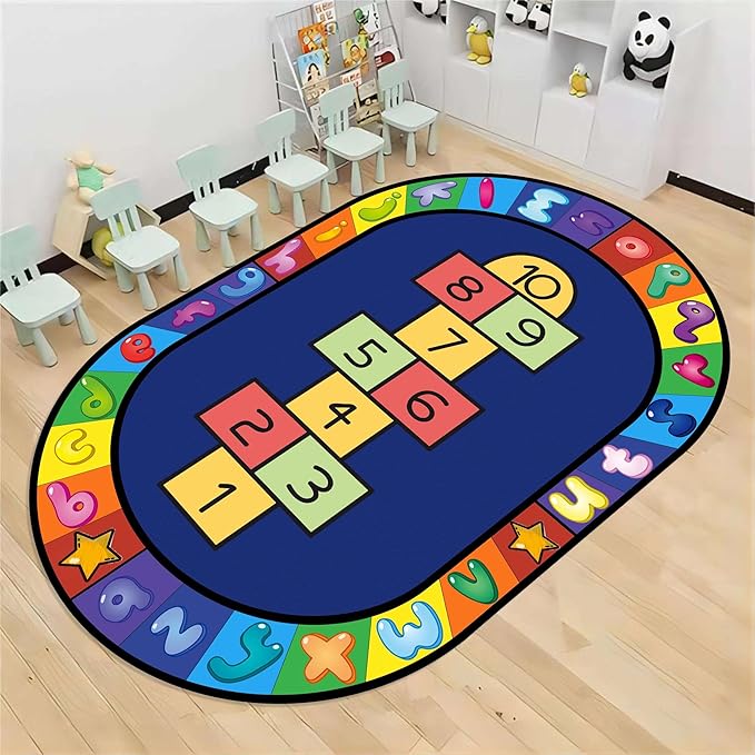Hopscotch Rug, 5x7ft, Kids Play Oval Rug for Boys & Girls, Colorful Alphabets Educational Game Carpet, Soft Non-Slip Machine Washable Rug for Classroom Toddler Room