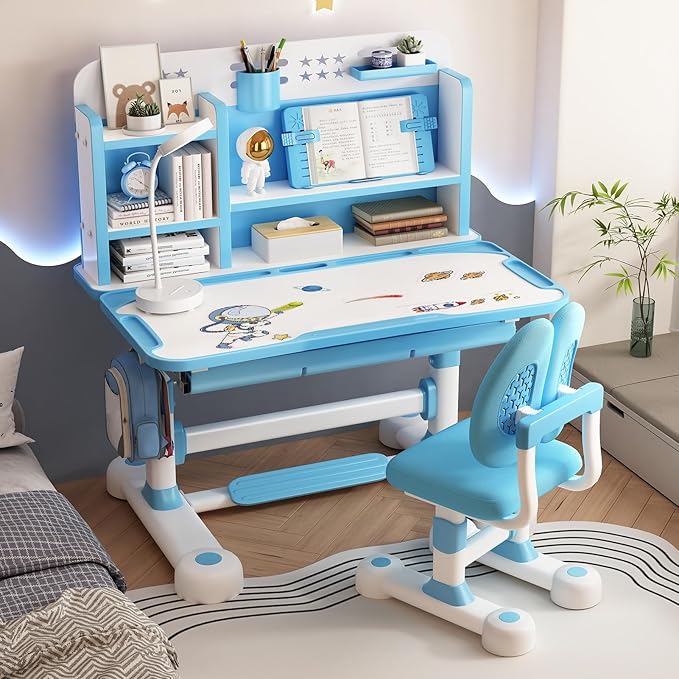 Upgraded Kids Desk and Chair Set,50 Degree Tiltable&Height Adjustable Ergonomic Study Table with Posture Corrector & Dual Back Support, 3-18 Years Adjustable Children's Desk Set with Storage Blue