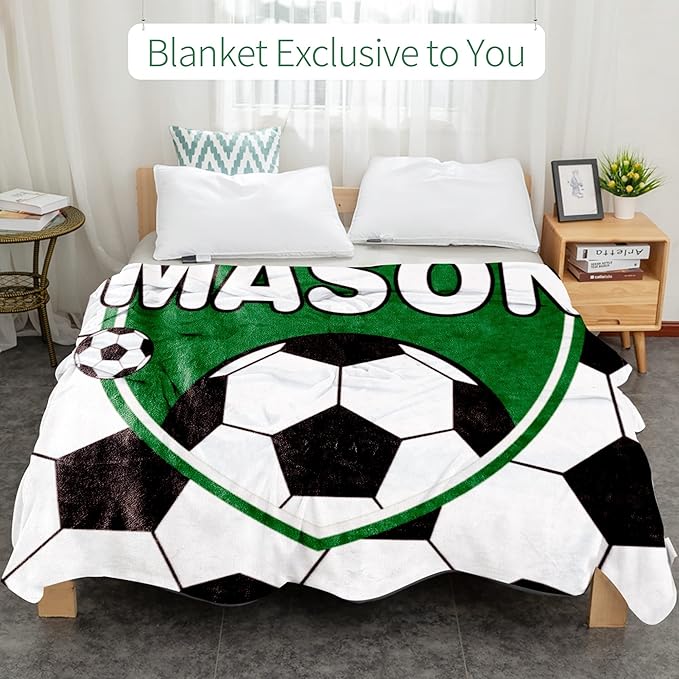 Personalized Soccer Blanket with Name for Boys, Custom Name Blanket for Kids, Soft Flannel Soccer Toddler Blanket Customized Gift for Birthday Christmas Baby Shower Newborn Gift 60/in X 80/in