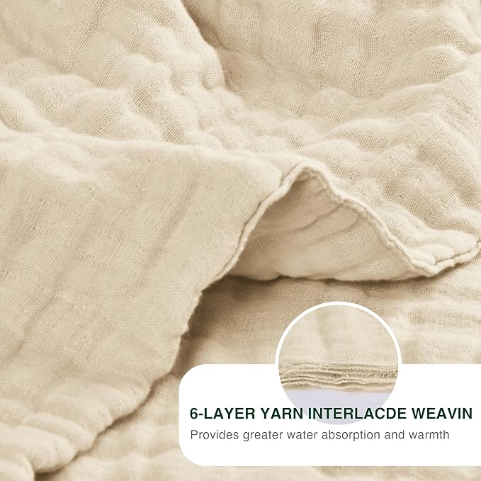 Love's cabin 6 Layer 100% Cotton Muslin Blanket, 50"x60" Throw Muslin Blanket for Couch Bed, Lightweight and Breathable Cotton Gauze for Adult, Beige