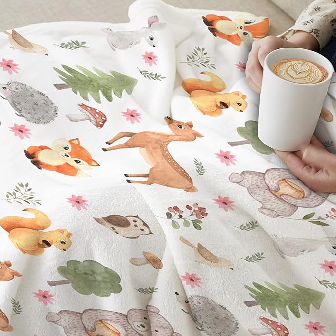 Thuswarm Cute Animals in The Woodland Flannel Blanket for Autumn Winter Gifts Warm Cozy Soft Funny Print Throw for Bed Couch Sofa 120”×90” Extra Large for Family
