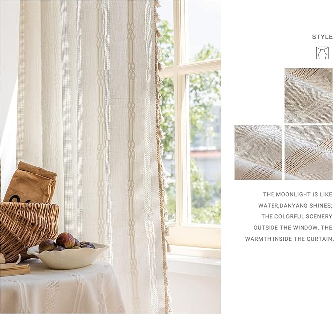 ENJOYBRIDAL Off White Curtains 84 Inch Length 2 Panels Boho Semi Sheer Drapes Cream Embroidered Tassel Rod Pocket Hollow Window Curtain Panels Farmhouse Window Treatment for Bedroom Living Room