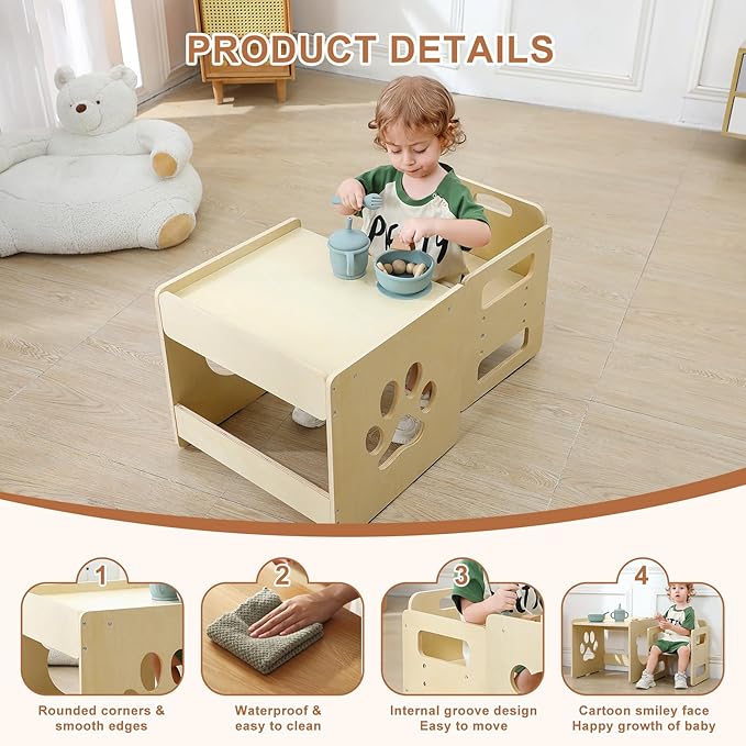 Montessori Weaning Table and Chair Set - 3-Level Height Adjustable Wooden Toddler Furniture, Activity Table Set for Eating, Playing & Learning, Kids Montessori Furniture for Age 1 2 3 Years