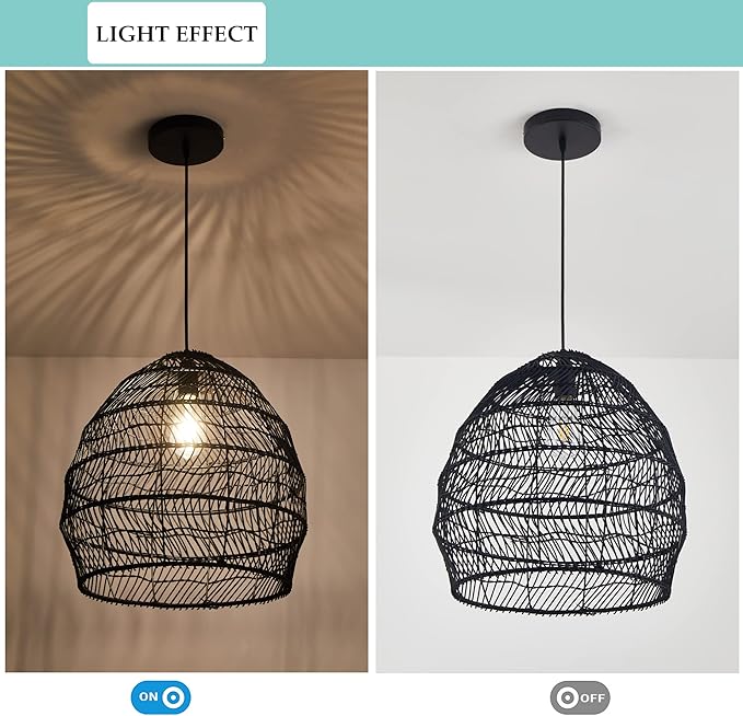 Bamboo Pendant Light Fixture Boho Style 1 Lights Rattan Pendant Lamp Woven Hanging Light for Kitchen Island Nursery in Black(17.7" W)