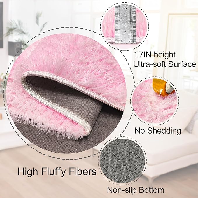 Fluffy Pink Rugs for Bedroom Girls Room, Large Plush Area Rug 6x9 Pink Shag Carpet for Bedroom Living Room, Soft Fuzzy Rug for Kids Room Bedside Nursery Playroom Dorm Home Decor