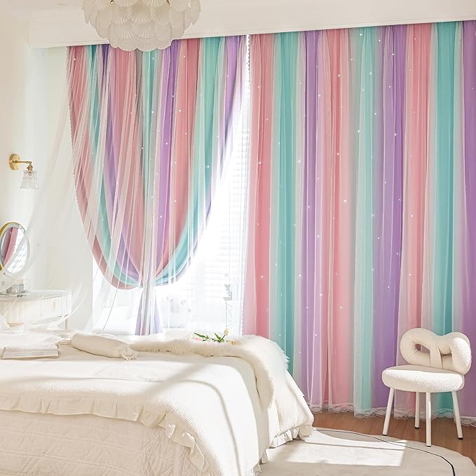 XiDi Curtains for Nursery Girls Bedroom Decor 84 Inches Long, Full Blackout for Kids Princess Room, Colorful Rainbow Design, Unicorn Wall Decor Ombre Curtains, Pink/Purple/Green, W34 X L84 2 Panels