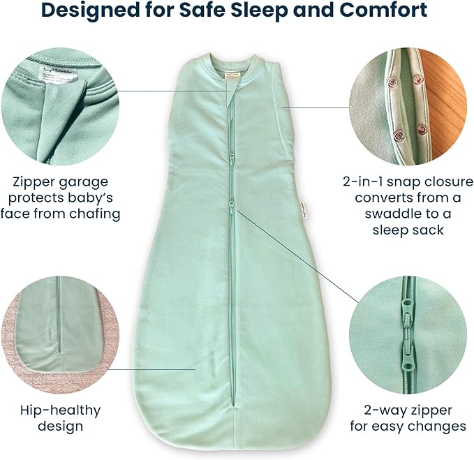 Tiny Twinkle Baby Sleep Sack 0-3 Months 1.0 TOG, Cotton & Elastane Wearable Blanket, Swaddle Transition Micro-Fleece, Machine Washable (Sage)