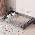 Queen Size Floor Bed with Door & Fence for Kids Boys Girls,Montessori Floor Bed with Roof & Full-Length Guardrails,Easy Assembly & No Box Spring Needed, Grey