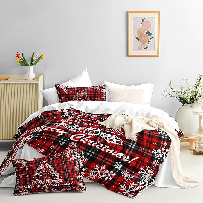 Christmas Duvet Cover Queen Size Black Red Gingham Xmas Bedding Set 3 Pcs Kids Boys Girls Christmas Tree Plaid Pattern Soft Comforter Cover with Zipper Closure (No Comforter)