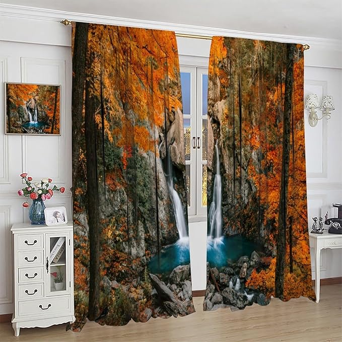 Autumn Waterfall Blackout Windows Curtains, Rustic Farmhouse Fall Forest Landscape Window Drapes, for Living Room Bedroom 84" W X 84" L