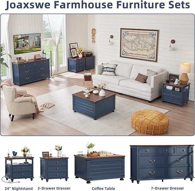 Farmhouse Dresser and Nightstand Sets, Wood 54" Wide Dresser & 24" Night Stand with Charging Station, 2 Piece Bedroom Furniture Set, Chest of Drawers for Bedroom, Home, Living Room, Hallway