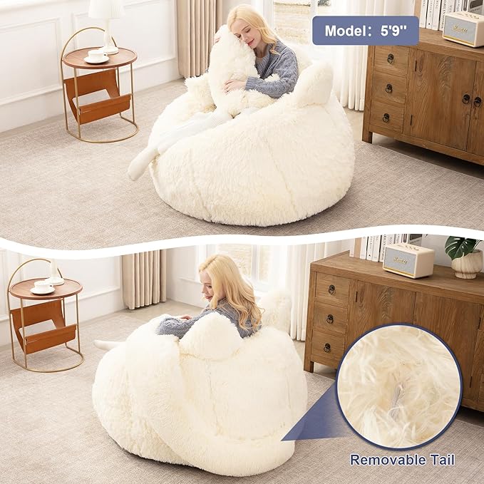Bean Bag Chair for Adults Teens Giant Faux Fur Bean Bag Chairs with Filler Fluffy Plush Cat Shaped Beanbag Couch Comfy Accent Floor Sofa for Gaming, Reading in Living Room, Bedroom, Dorm