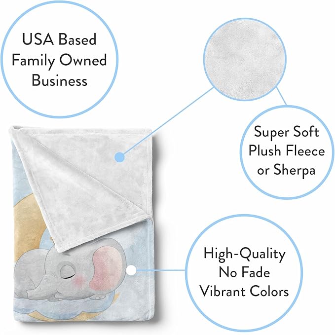 Personalized Baby Blankets with Name | Custom Elephant Newborn Blanket for Baby Girl and Baby Boy | Unisex Warm Soft Fleece Swaddle Blanket Minky | (Elephant, Fleece 50"x60")