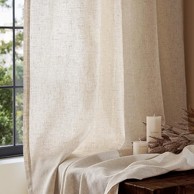 jinchan Beige Linen Blend Curtains 63 Inches Length 2 Panels for Bedroom Living Room, Semi Sheer 50 Inches Wide Natural Farmhouse Cottage Core Style Drapes with Rod Pocket Back Tab (50W x 63L, Ecru)