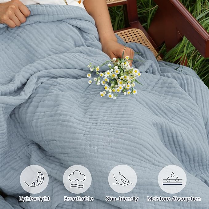 PHF Cooling Muslin Blanket King Size 104"x80", 6-Layer Lightweight Gauze Blanket Made from 35% Rayon Derived from Bamboo & 65% Cotton, Breathable & Ultra Soft Cozy, Aesthetic Home Decor, Dusty Blue