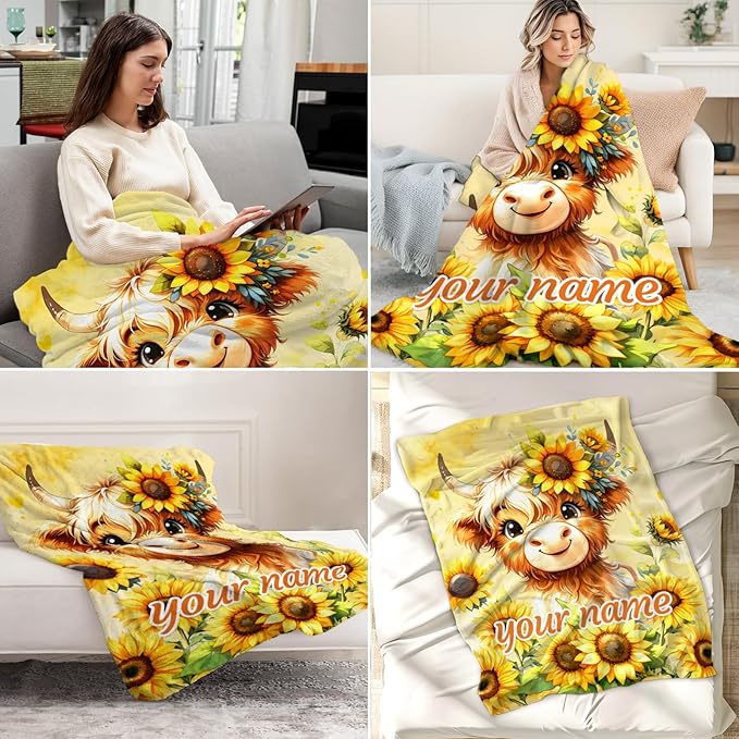 Custom Highland Cow Throw Blanket - 50" x 60" Inches Highland Cow Sunflower Blanket for Teens - Yellow Lightweight Warm Throw for Couch, Bed & Travel