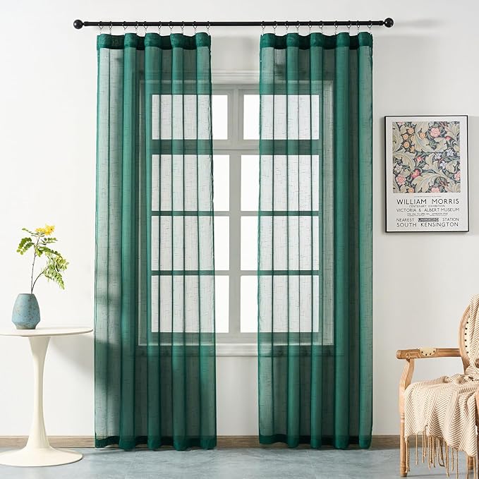 Emerald Green Curtains Sheer 102 Inch Long, Dark Linen Look Textured Light Filtering Drapes, Hunter Green Transparent Window Decor, Floor to Ceiling Pinch Pleat Curtain with Hooks