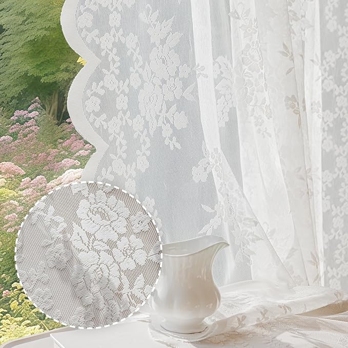 Anmao Vintage Lace Curtains 45 Inches Long 2 Panels, Romantic Elegant Light Filtering Semi Sheer Floral Thick Lacy Curtain Drapes for Living Room and Bedroom, Each Panel 55W x 45L, White Rose