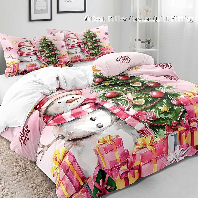 LUVIVIHOME 3PCS Snowman Duvet Cover King Bedding Set, Pink Duvet Cover, Kids Teens Girls Bedding, Christmas Tree Snowflake Holiday New Year Xmas Gifts Christmas Comforter Quilt Cover, 2 Pillow Shams