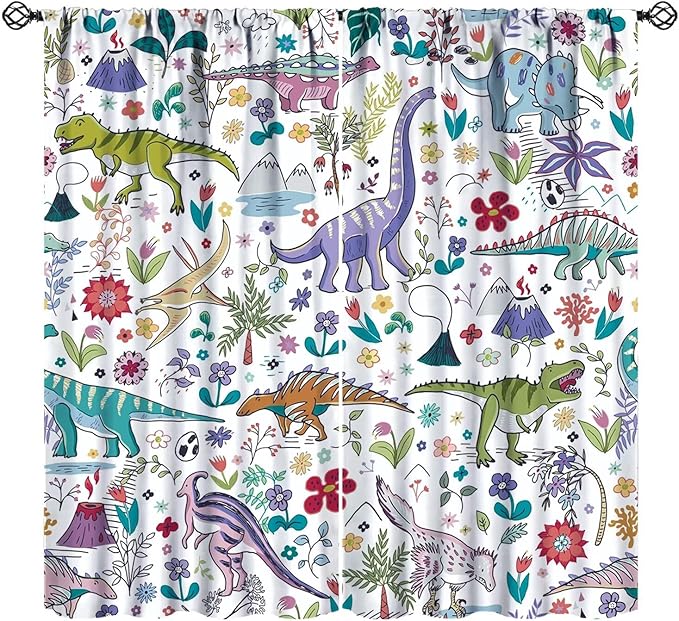 Dinosaur Curtains Cartoon Cool Funny Dino Tropical Plant Leaves Flowers Aesthetics Art Print for Kids Boys Bedroom Living Room Rod Pocket Decoration Window Drapes 2 Panels W21xL45in
