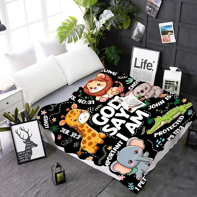 Bible Verse Blanket, Christian Gifts, God Says I am Blankets,Giraffe Lion Koala Elephant Print Animal Blankets, Cute Religious Baptism Gift for Son,Animals Lover Room Bed Decoration, 30"x40"