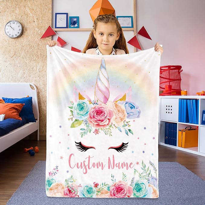 Personalized Unicorn Blanket Name Girl, Custom Name Blanket Kids, Soft Flannel Pink Unicorn Toddler Blanket Customized Gift Birthday Christmas Baby Shower Newborn Gift 30''x40''