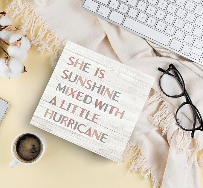 SRADMO She Is Sunshine Mixed with a Little Hurricane Boho Wood Box Sign Desk Decor 8x8, Baby Girls Inspirational Quotes Wooden Block Box Sign Decoration For Girls Room Nursery Playroom Table Decor