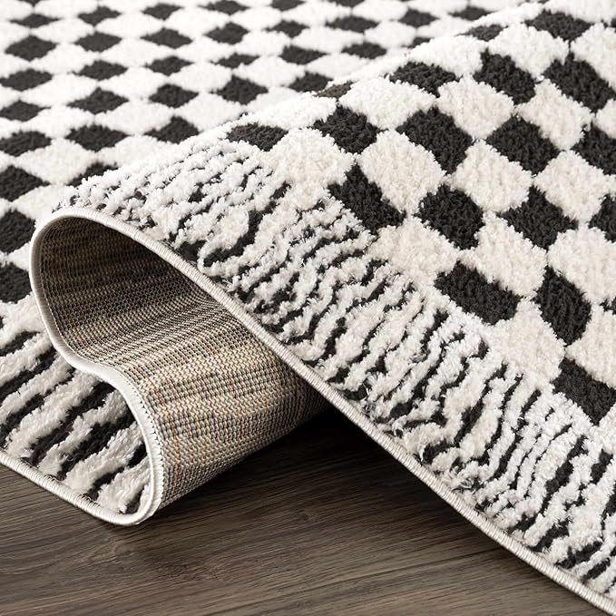Hauteloom Leryn Contemporary Checkered Area Rug - Modern Geometric Bordered Carpet for Living Room, Bedroom - Checkboard Design - Square Tiles - High Pile - Black and White - Off White - 18" Sample
