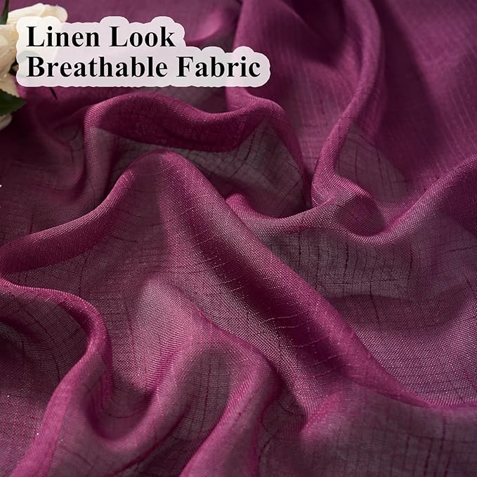 Plum Purple Curtains Sheer 96 Inches Long, Dark Linen Look Textured Light Filtering Drapes Decor, Rustic Eggplant Transparent Window Treatments, Pinch Pleat Curtain with Hooks