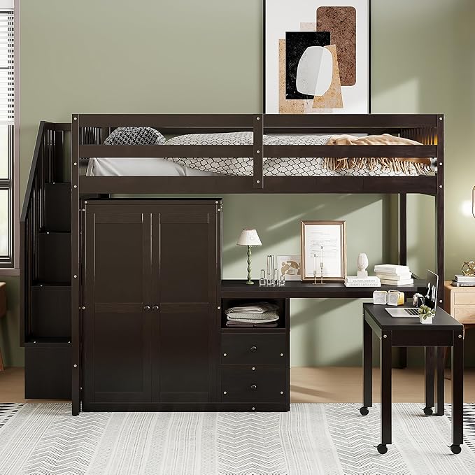 Merax Kids Full Multifunction Loft Bed with Desk/Wardrobe, Wood Storage Loft Bed with Staircase, Bookshelf & Drawers, No Box Spring Needed, Space Saving, Espresso