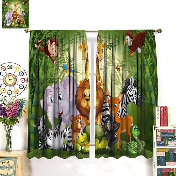 Cartoon Animal Curtains, Cute Animals Bamboo Forest Blackout Window Treatments, Rod Pocket Thermal Insulated Drapes 2 Panel Sets for Kids Room Nursery Classroom, 42" W X 45" L