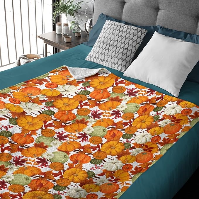 Thuswarm Autumn Harvest Pumpkins Print Flannel Blanket for Autumn Winter Gifts Warm Cozy Soft Funny Print Throw for Bed Couch Sofa 120”×90” Extra Large for Family