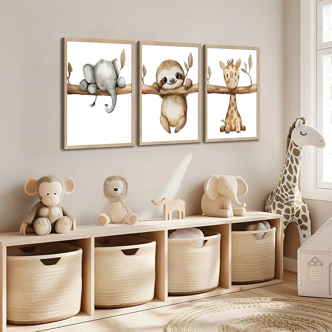 3Pcs Nursery Animal Wall Art Safari Nursery Canvas Poster Prints Jungle Kids Painting Cute Animal Elephant Sloth Giraffe Artwork Picture Wall Decor for Boys Room Girls Room 12x16in Unframed