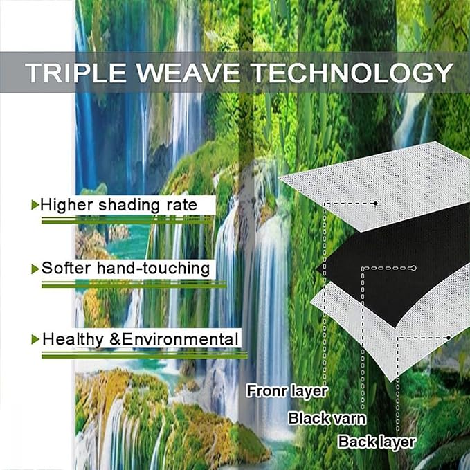 Jungle Nature Blackout Window Curtains, Trees Scenic Waterfall and River Spring Pattern Print Window Drapes, for Living Room Bedroom 52x84in 2 Panels