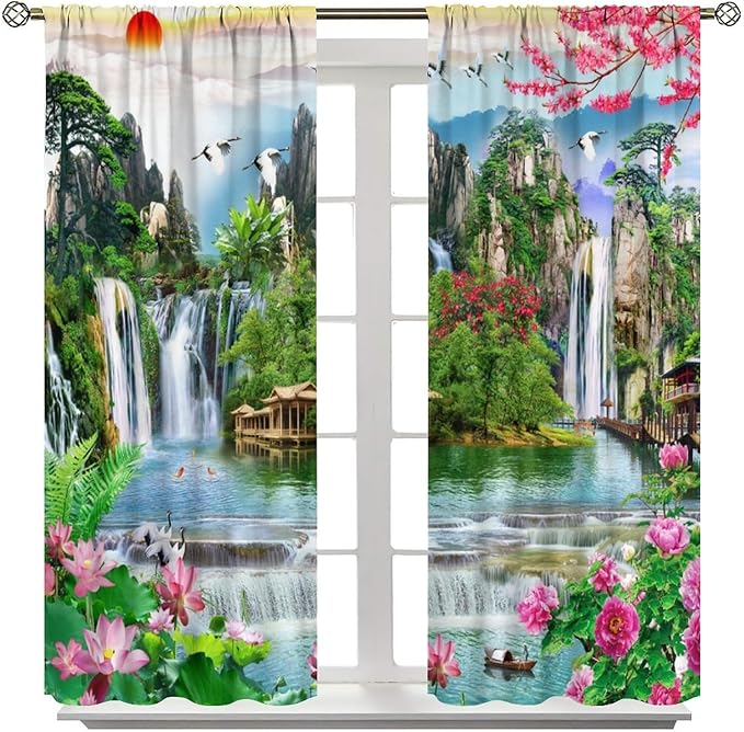 Waterfall Blackout Curtains, Forest Waterfall Rocky Lotus Fish Landscapes Print Window Drapes, for Living Room Bedroom 52" W X 84" L
