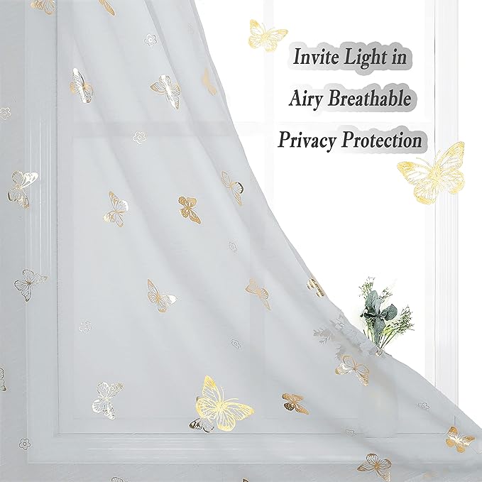 Jubilantex Grey Sheer Curtain with Gold Butterfly Pattern for Kids Room, Linen Textured Rustic Metallic Print 84 Inch Rod Pocket Window Drapes for Girls Bedroom Living Room, 2Panels