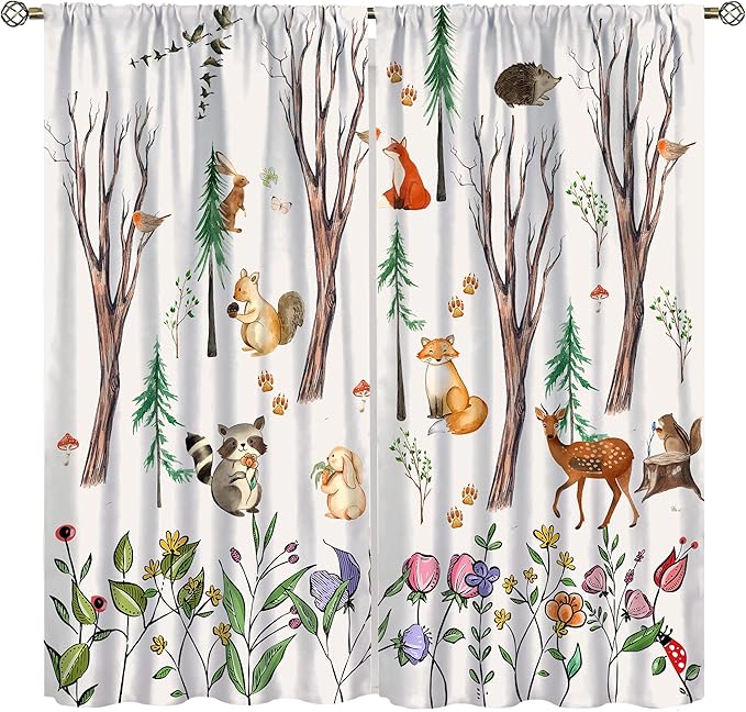 Forest Animal Kids Curtains, Watercolor Cartoon Window Treatments, Cute Animal Floral Girl Toddler Home Bedroom Living Room Drapes 52x84in