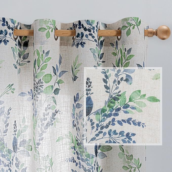 MYSKY HOME Linen Sheer Curtains for Living Room Leaf Patterned Semi Vertical Drapes Decor Farmhouse Style Texture for Dining Room Light Soften Privacy, Green, W52 x L84, Pack-2