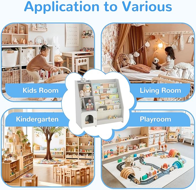 FKWin Kids Bookshelf, Kids Toy Storage Organizer, Baby Storage Book Rack, 4 Tier Kids Wooden Bookshelves, 5 Layer Sling Bookcase for Playroom, Bedroom, Living Room, Kids Room, Nursery, School (Gray)