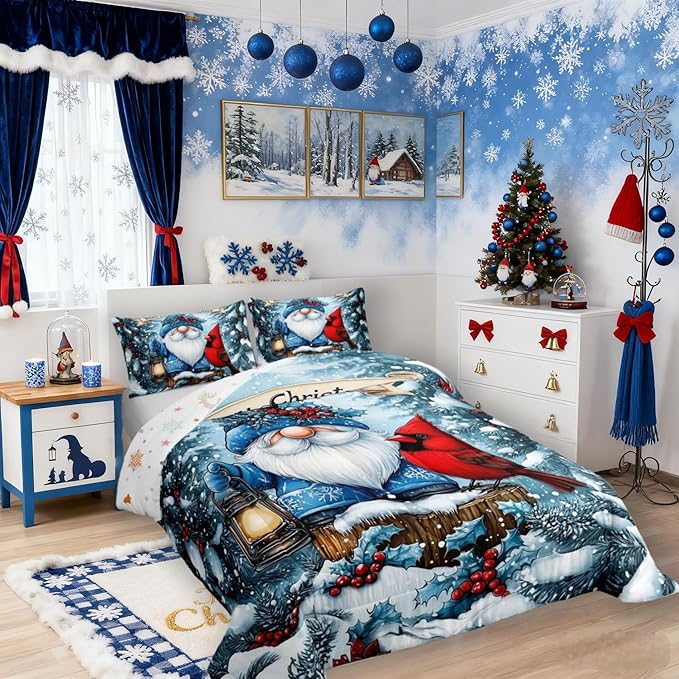 Kawaii Santa Claus Kids Bedding Set King Size,Poinsettia Cardinal Christmas Birds Comforter Set,Holly Berries Winter Snowflake Quilt Comforter,Blue Red Bedroom Duvet Insert,2 Pillowcases