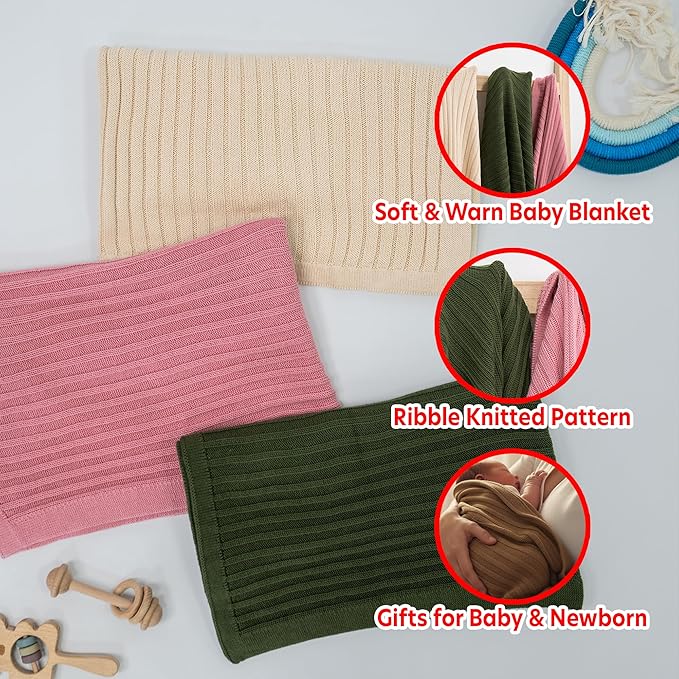 Baby Knit Blanket, 100% Cotton Ribble Patterns, Soft, Cozy, Lightweight Swaddle for Newborn & Infant Swaddling Beige Neutral, Perfect Baby Shower Ideas Mocha 28x36