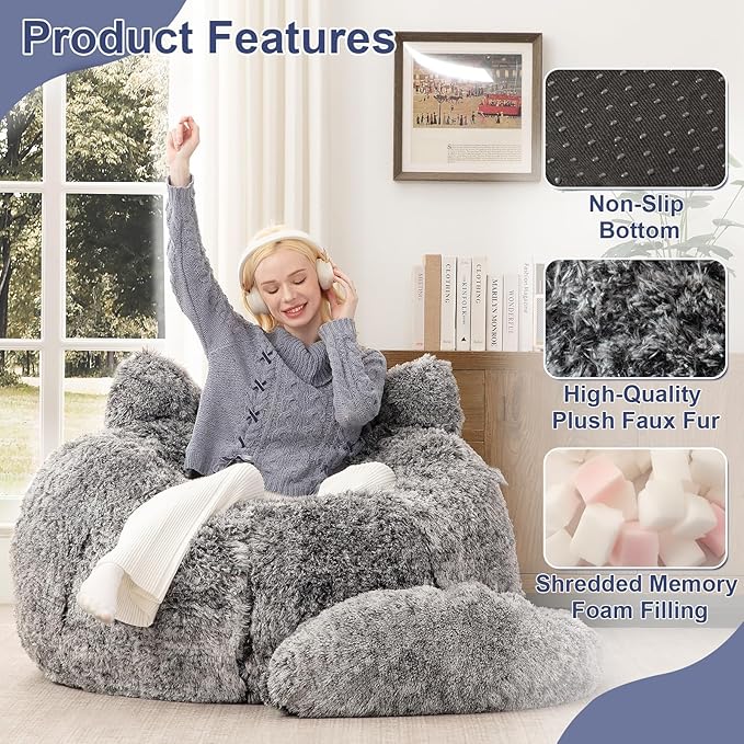 Bean Bag Chair for Adults Teens Giant Faux Fur Bean Bag Chairs with Filler Fluffy Plush Cat Shaped Beanbag Couch Comfy Accent Floor Sofa for Gaming, Reading in Living Room, Bedroom, Dorm