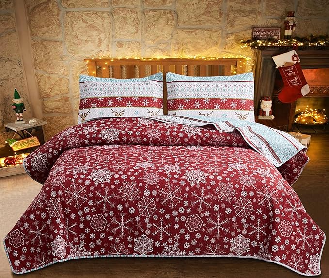 Jessy Home Christmas Bedding Set - Queen Size Quilt, Bedspread, Reversible Coverlet - Rustic Lodge Deer Snowflake Cabin Home Holiday Decor