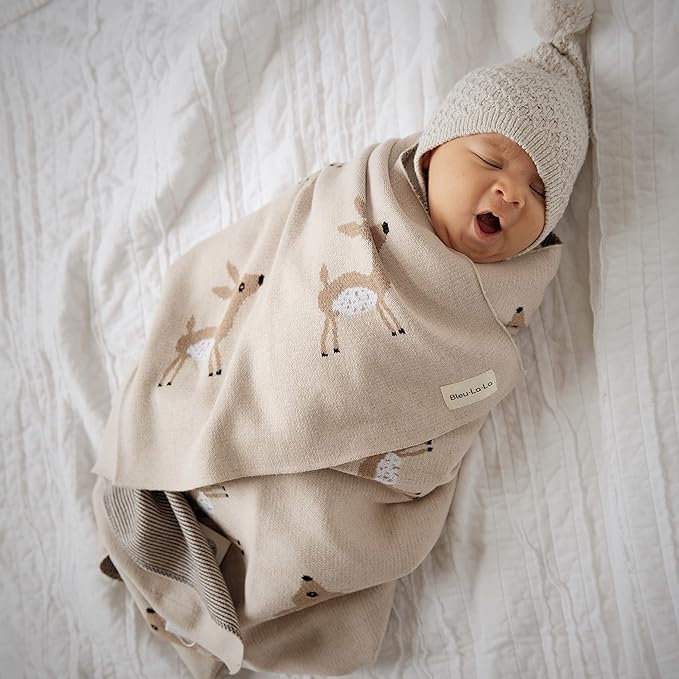 Knit Baby Swaddle Blanket - 100% Cotton Soft Cozy Receiving Swaddling Crib Stroller Quilt Blanket for Shower Gift Registry for Newborns, Infants, Toddlers, Unisex (Deer - Grey)
