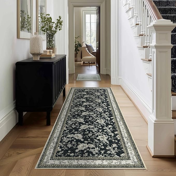 Black Runner Rugs 2x6 for Hallway Kitchen Bedroom Beside Laundry Room Bathroom Rug Boho Modern Washable Non Slip Low Pile Stain Resistant Soft Long Carpet Mat Black Cream Beige Taupe Floral Pattern