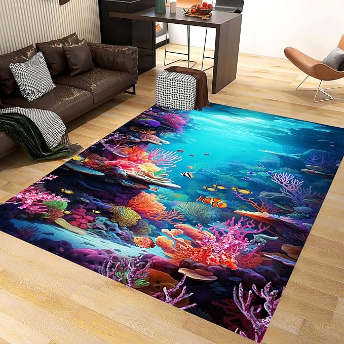 Under The Sea Area Rug, 5x7ft, Underwater World Coral Carpets for Bedroom, Marine Animal Tropical Fish Non-Slip Carpet, Low Pile Thin Absorbent Machine Washable Rugs for Living Room