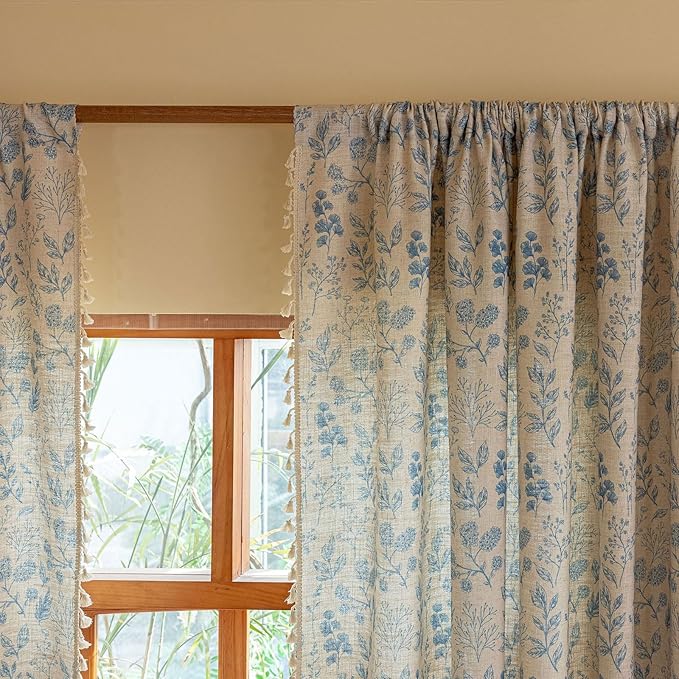 ENJOYBRIDAL Blue Floral Curtains 84 Inch Length 2 Panels Semi Sheer Living Room Drapes Boho Aesthetic Bedroom Farmhouse Window Curtain Panels Tassel Decorative Rod Pocket Window Treatments