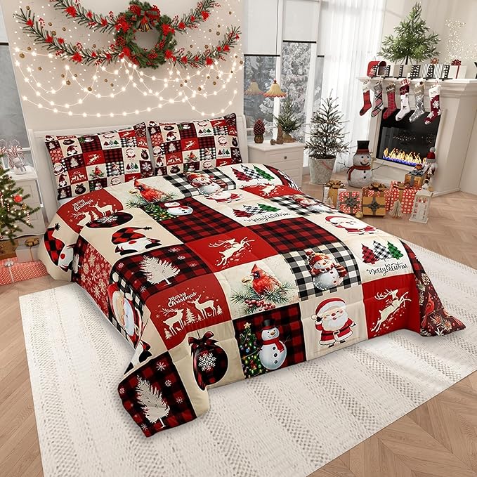 Christmas Comforter Set Full Size,Red Plaid Holiday Design Bedding Set 3pcs,Snowman Santa Claus New Year Patchwork Down Comforter for All Season, Kids Boys Girls Room Decor,2 Pillowcases,No Sheets