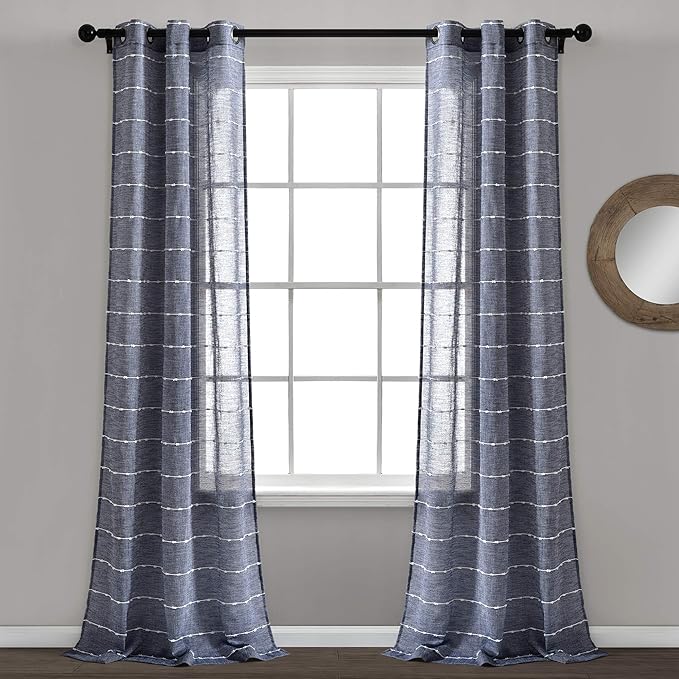 Lush Decor Farmhouse Textured Grommet Sheer Window Curtain Panel Pair, 38"W x 120"L, Navy