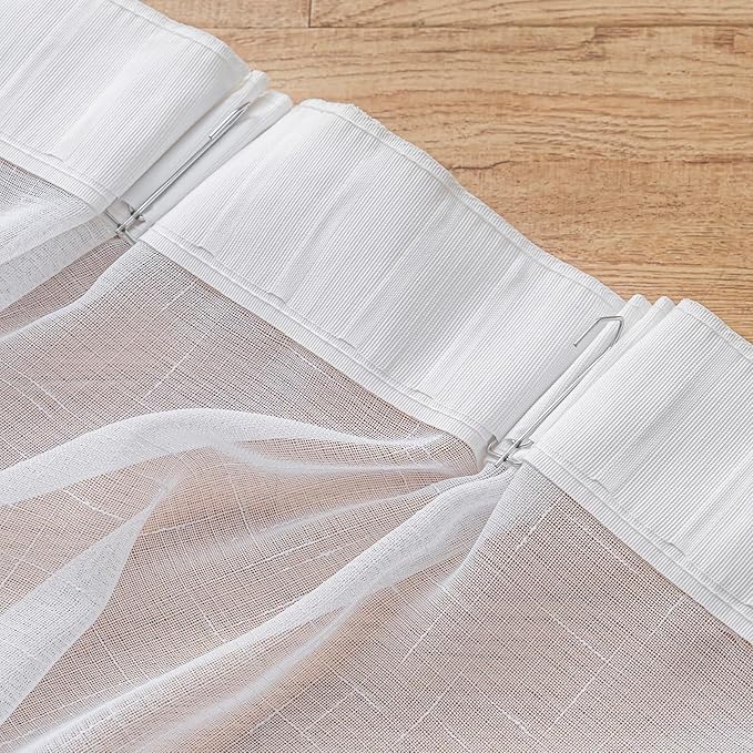 White Sheer Curtains 100 Inches Long 2 Panels, Thin Textured Linen Look Drapes for Living Room, Rustic See Through Window Treatments Decor, DIY Pinch Pleat Sliding Glass Door Curtain